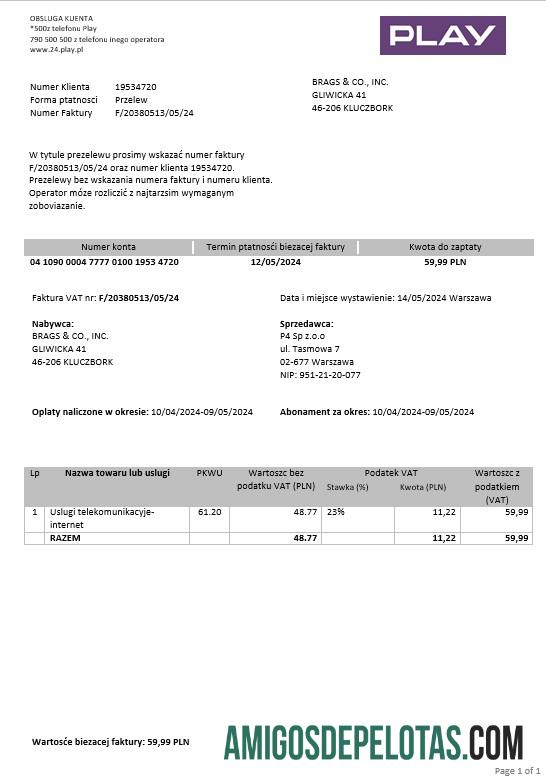 imprimível Modelo de conta de serviços públicos do Play Business da Polônia em formatos Word e PDF